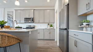 Kitchen with stainless steel appliances, pendant lighting, gray cabinetry, and light hardwood / wood-style floors