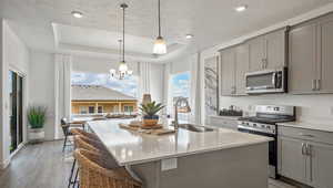 Kitchen with a kitchen bar, sink, a center island with sink, appliances with stainless steel finishes, and a raised ceiling