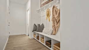 Mudroom with hardwood / wood-style flooring