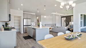 Kitchen featuring a kitchen island with sink, pendant lighting, gray cabinets, and stainless steel appliances