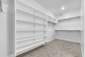 Walk in closet featuring light colored carpet