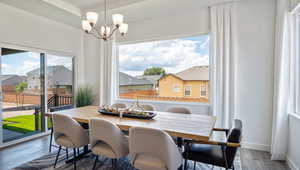 Dining space featuring an inviting chandelier and wood-type flooring