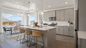 Kitchen featuring decorative light fixtures, a raised ceiling, sink, stainless steel appliances, and a center island with sink