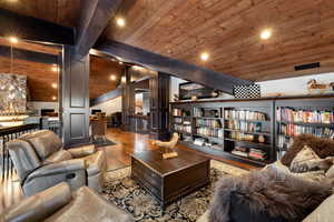 Living room featuring hardwood / wood-style floors, wood ceiling, and lofted ceiling with beams