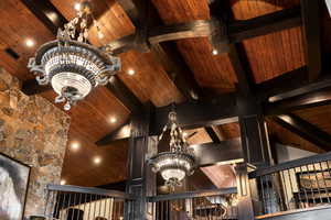 Details with an inviting chandelier, wood ceiling, and beam ceiling