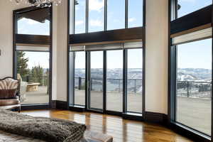 Doorway featuring a towering ceiling, wood-type flooring, and floor to ceiling windows