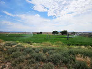 View of pasture with a rural view of farmable land with wheel lines and water.