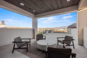 View of patio featuring a mountain view