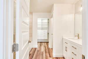 Bathroom with vanity and hardwood / wood-style floors