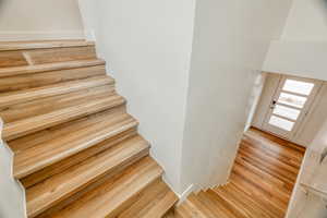 Stairway with hardwood / wood-style floors