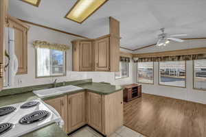 Kitchen featuring crown molding, lofted ceiling, sink, and white range with electric stovetop