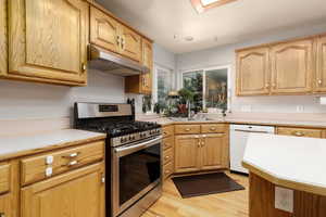 Kitchen featuring sink, a skylight, light wood-type flooring, stainless steel range with gas stovetop, and dishwasher