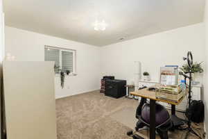 Carpeted office space featuring a textured ceiling