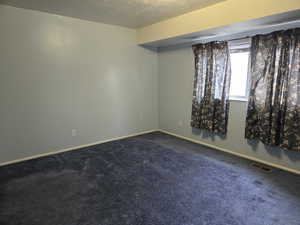 Carpeted spare room featuring a textured ceiling