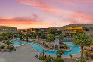 Pool at dusk with a mountain view