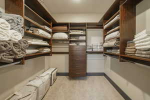 Spacious closet with light carpet