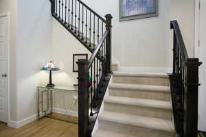 Staircase with hardwood / wood-style flooring