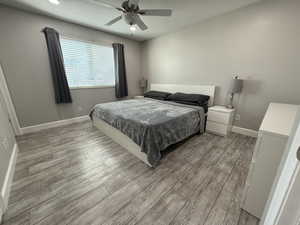 Bedroom with light hardwood / wood-style floors and ceiling fan