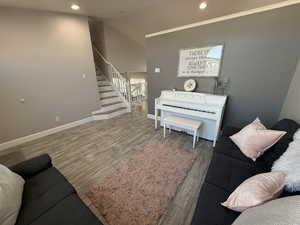 Living room featuring wood-type flooring and vaulted ceiling