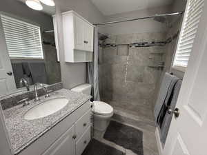 Bathroom featuring a shower with curtain, vanity, and toilet