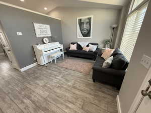 Living room with vaulted ceiling and light hardwood / wood-style floors