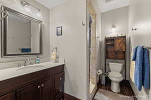 Bathroom featuring vanity, toilet, and tiled shower