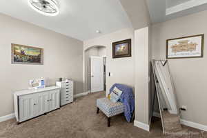 Living area featuring light colored carpet