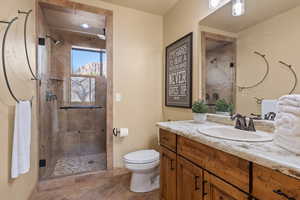 Bathroom with vanity, toilet, and a shower with shower door