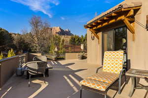 View of patio with a mountain view