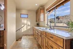 Kitchen featuring a mountain view and sink