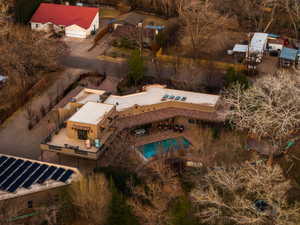 View from above of property featuring a pool area