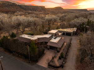 Aerial view at dusk with a mountain view