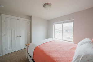 Carpeted bedroom featuring access to exterior and a closet