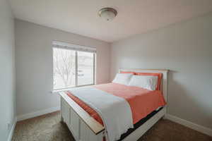 Bedroom featuring dark carpet