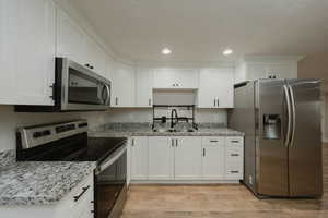 Kitchen featuring white cabinetry, appliances with stainless steel finishes, sink, and light stone counters