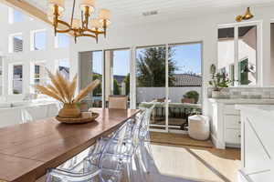 Dining room featuring a notable chandelier and light hardwood / wood-style floors