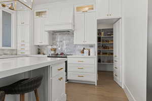 Kitchen with premium range hood, stainless steel electric range oven, white cabinetry, backsplash, and light wood-type flooring