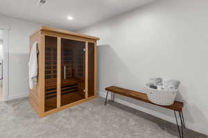 View of sauna featuring carpet floors