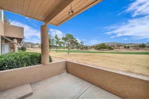 View of patio with a mountain view