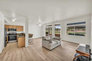 Living room with sink, light hardwood / wood-style floors, and ceiling fan