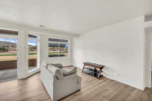 Living room featuring a textured ceiling and light hardwood / wood-style floors