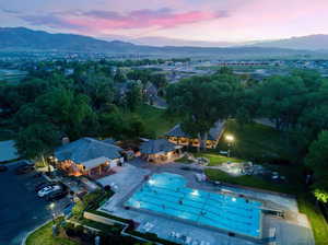 Aerial view at dusk with a mountain view