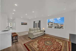 Living room featuring plenty of natural light, sink, and light wood-type flooring