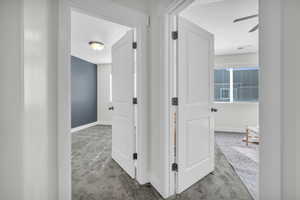 Hallway with a wealth of natural light, a textured ceiling, and carpet