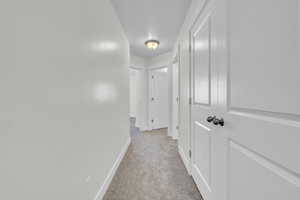 Corridor featuring light colored carpet