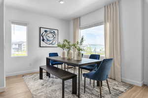 Dining area with light hardwood / wood-style flooring