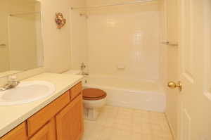 Full bathroom featuring shower / washtub combination, vanity, and toilet