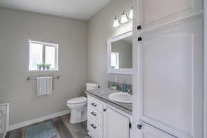 Bathroom featuring vanity, toilet, and wood-type flooring