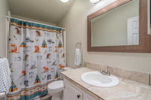 Bathroom featuring vanity, toilet, and a shower with shower curtain