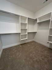 Spacious closet featuring visible vents and dark carpet